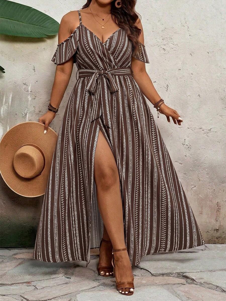 SHEIN VCAY Plus Size Minimalist Vacation Off-Shoulder Tie-Up Slit Dress - Multicolor - View 1