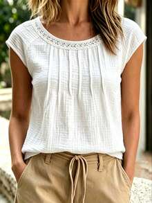 Zayélia Solid Color Minimalist Casual Boho Comfortable Hollow Design Women's Blouse Suitable For Vacation Vacation White Summer - White - View 3