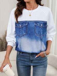 EMERY ROSE Women's New Autumn/Winter Casual Patchwork Long Sleeve Sweatshirt - Blue and White - View 5