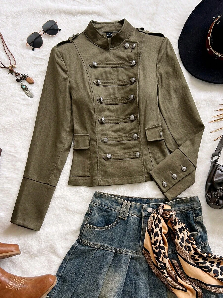Soleia Women's Solid Color Stand Collar Casual Versatile Daily Travel Long Sleeve Jacket - Army Green - View 1