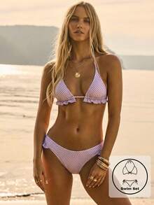Aralina Summer Resort Vacation Beach Western Gingham Ruffle Triangle Bikini Set With Swim Bag - Lilac Purple - View 2