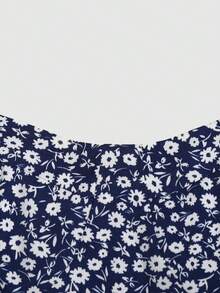 SHEIN Tween Girl Navy Ditsy Floral Dress, Suitable For Vacation, Teenage, Casual Wear - Blue and White - View 5