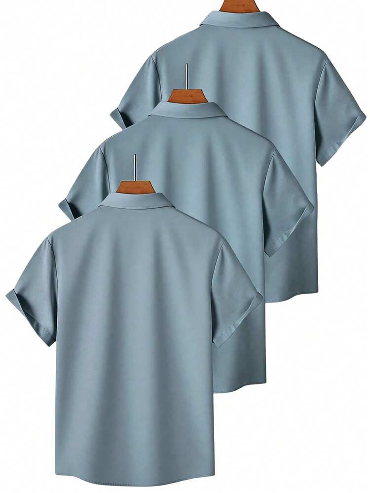 Manfinity Homme Men's Solid Color Short Sleeve Pocket Single-Breasted Shirt Multi-Piece Set - Blue - View 2