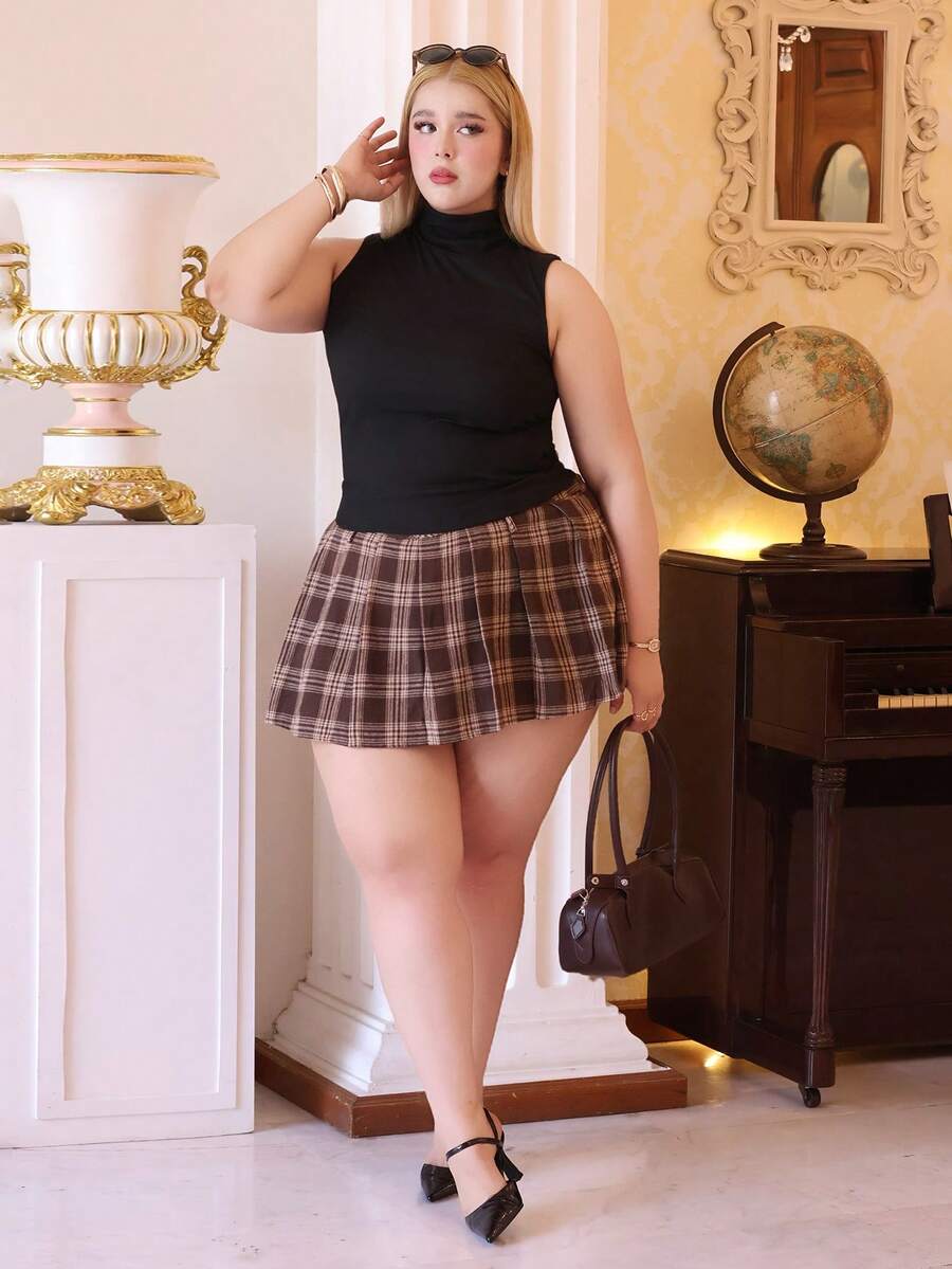 CHERRY TINTT SELECTION Plus Size Brown Checkered Apocalypse Music Festival Mini Skirt Plaid Skirt,Back To School - Brown - View 1