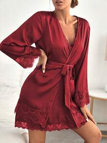 SilkySpell Contrast Lace Satin Slip Sleep Dress With Belted Robe Pajama Set, Fall Winter Clothes - Burgundy - View 7