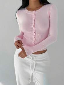 Autumina Women's Solid Color Casual Fitted Knit Cardigan, Versatile For Autumn - Baby Pink - View 5