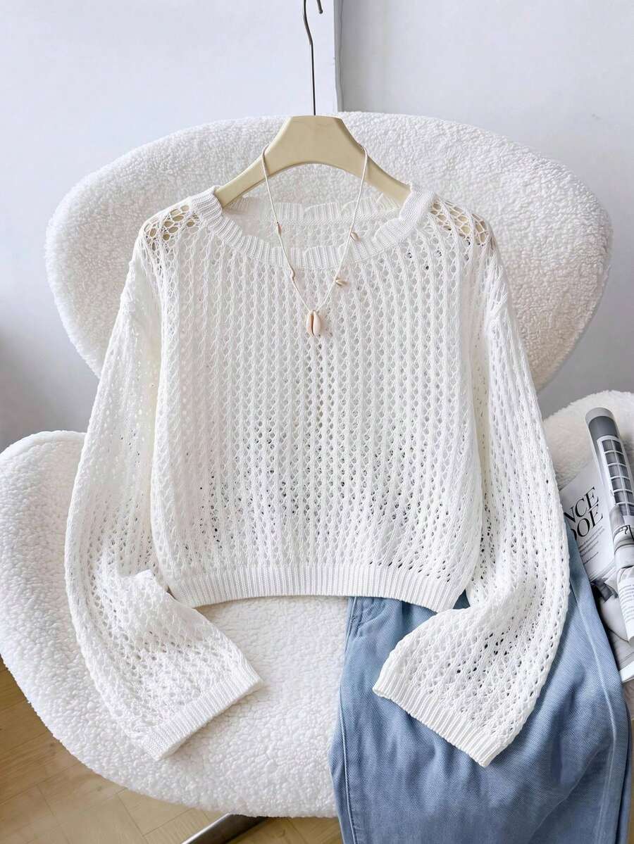 Girlism Tween Girl Tween Girl Hollow Out Pullover Autumn Sweater, Suitable For Daily , Shopping, Dining, Vacation Wear - White - View 1