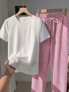 Tseoso 2件組刺繡圓領短袖上衣與條紋印花長褲，休閒風 - 粉色 - 查看 6