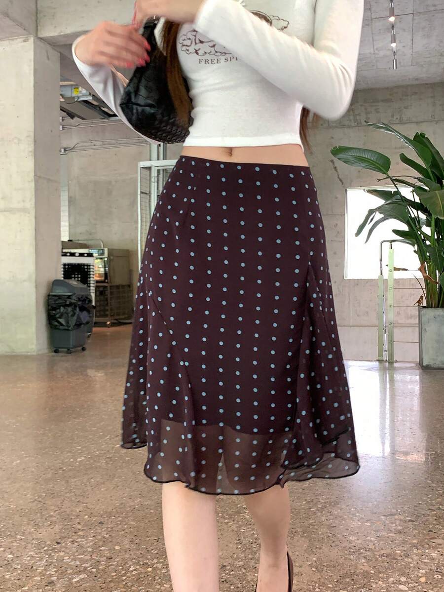 DAZY Women's All-Over Polka Dot Korean Style Spring/Summer Versatile Skirt - Coffee Brown - View 1