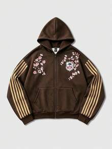 ROMWE MEN Street Life Men's Colorblock Striped Floral Print Hoodie - Coffee Brown - View 6