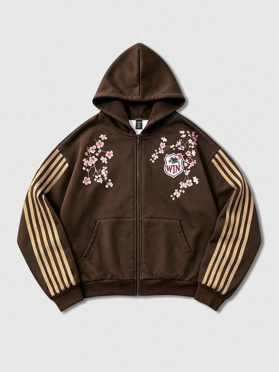 ROMWE MEN Street Life Men's Colorblock Striped Floral Print Hoodie - Coffee Brown - View 1
