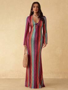 Silquee Women's Spring/Summer Mesh Knit V-Neck Long Sleeve Dress Swimsuits Bathing - Multicolor - View 3