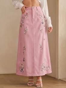 Anewsta 女款新款時尚夏季重工刺繡修身開衩裙 - 粉色 - 查看 4