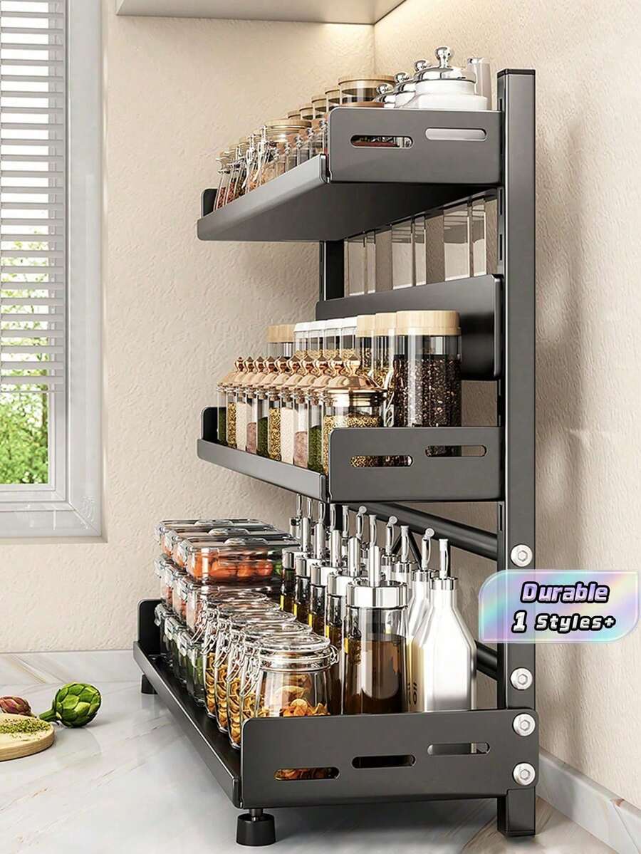 Suitable For Kitchen Countertops In Homes And Restaurants, This Three-Tiered Spice Rack Can Hold Jars, Condiments, Sauces And Knives. It Has Various Functions, Large Capacity, Detachable And Washable. - Multicolor - View 1