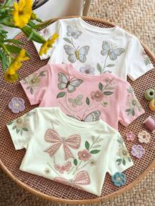 Pressed Flowers, Boho Wildflowers Shirt, Vintage Botanical, Chill, Young Girl Casual Minimalist Crew Neck Short Sleeve Basic T-Shirt, 3pcs Set, Suitable For Spring And Summer - Multicolor - View 8
