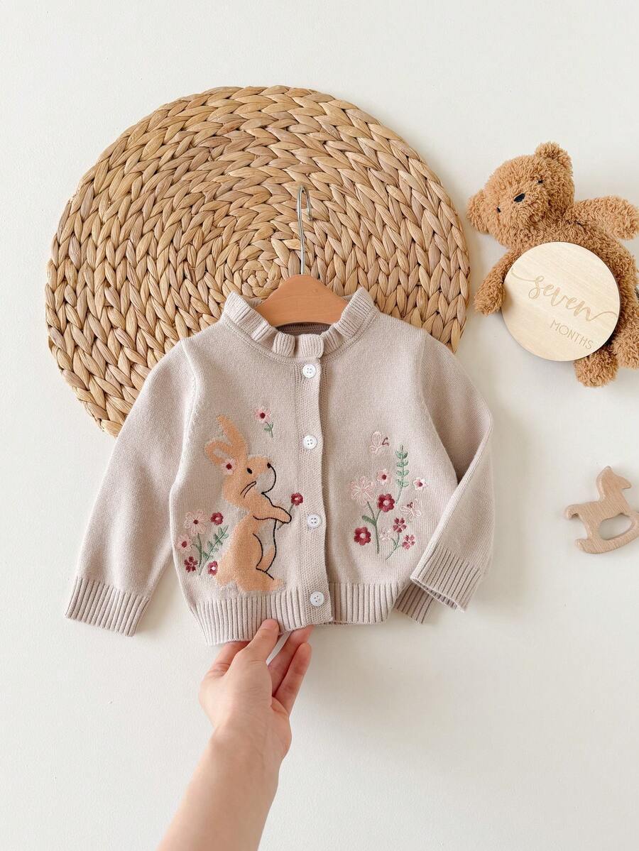 SHEIN 新生女嬰秋冬休閒兔與花朵刺繡開襟衫 - 卡其色 - 查看 1