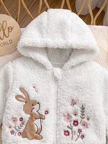 Chaqueta con capucha de patrón de dibujos animados esponjosa y versátil para bebé niña recién nacida otoño/invierno - Beis - Ver 4