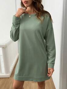 WovenCharm Drop Shoulder Split Hem Sweatshirt Dress - Mint Green - View 5