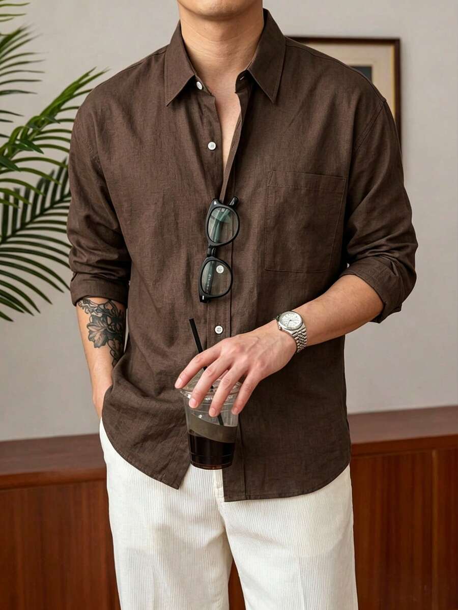 DAZY Casual Commute Solid Color Long Sleeve Men's Shirt Fall - Brown - View 1