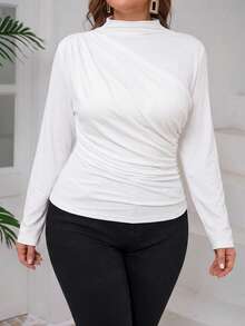 SHEIN Clasi Plus Size Women's Solid Color Ruched Fitted Versatile Casual T-Shirt Fall - White - View 1