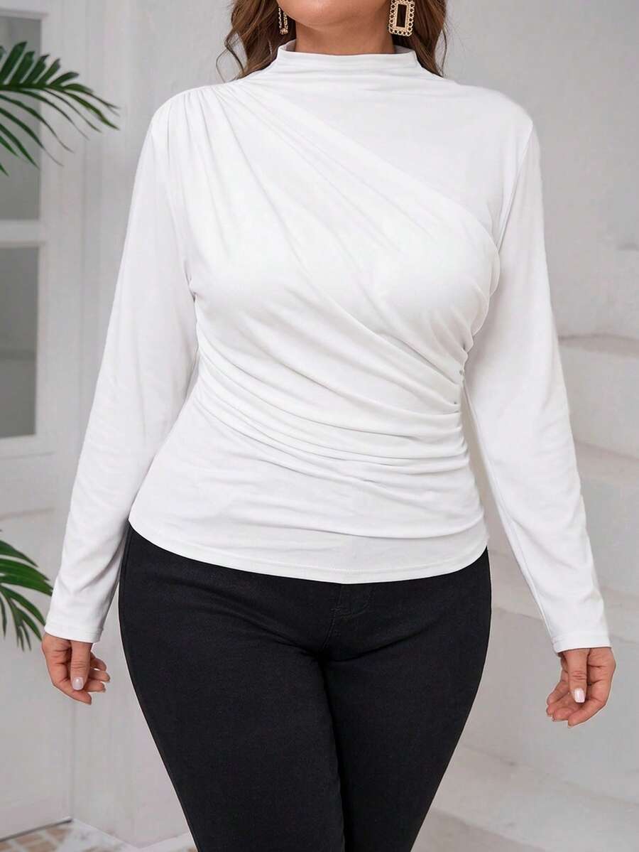 SHEIN Clasi Plus Size Women's Solid Color Ruched Fitted Versatile Casual T-Shirt Fall - White - View 1