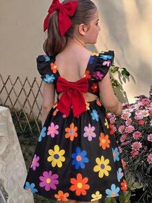 Emery Rose Kids 女童黃色格紋印花T恤度假風可愛度假洋裝 - 彩色 - 查看 3