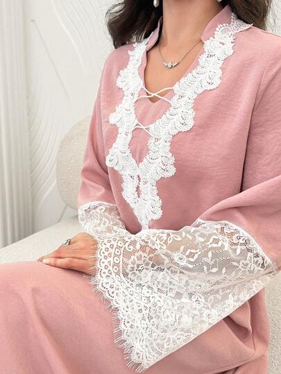 Al Najma Fashionable Lace Patchwork Long Sleeve Loose Flared Slimming Elegant Youthful Date Dress For Women