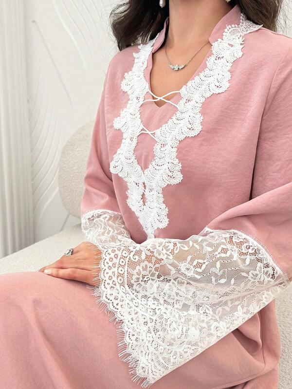 Al Najma Robe élégante et jeune pour femmes, à manches longues, ample et évasée, avec patchwork en dentelle, effet amincissant, pour rendez-vous