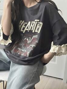 FRIFUL 女士休闲宽松字母印花蕾丝拼接短袖T恤，透气棉质，适合春夏穿着，百搭图案T恤 - 灰色 - 查看 3