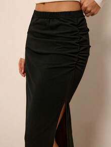 Freevana Black Cotton Blend Ruched High Waisted Side Slit Bodycon Maxi Skirt Sexy Fitted Long Skirt - Black - View 5