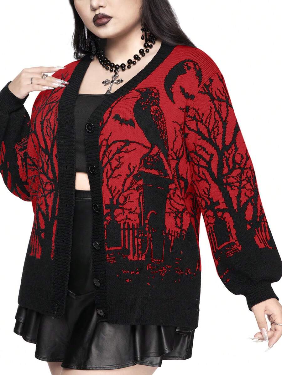 ROMWE Winter/Christmas Gothic Horror Raven, Bat, Moon, Graveyard, Tree Branch, Plant Print Plus Size Color Block Loose Cardigan, Plus Size - Red - View 1