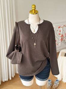 Comfortcana Plus Size Thin Brown Vintage Distressed Cotton Sweatshirt Fall - Brown - View 6