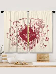 HARRY POTTER X SHEIN 2件組城堡字母圖案印花2片式小窗簾，適用客廳、浴室、廚房、咖啡室、露營車，穿桿式裝飾窗簾，四季通用小窗簾 - 多色 - 查看 2