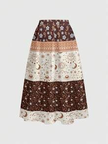 ROMWE Fairycore Boho Casual 90s Sun Moon Star Patchwork Elegant Vacation Gothic Dark Umbrella Skirt Plus Size Brown Summer - Camel - View 2