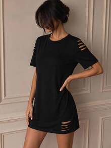 SHEIN LUNE Ripped Detail Solid Tee Dress,Casual - Black - View 1