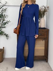 EMERY ROSE Women's Autumn Casual Solid Color Top And Pants 2 Pieces Set - Navy Blue - View 5