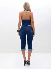 BABYPHAT Stretch Denim Capri Jeans With Roll-Up Cuffed Hems, Embroidered Cat Logo, Mid-Rise Fit, Five-Pocket Style - Dark Wash - View 5