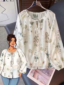 SHEIN LUNE CURVE 秋季度假風休閒束腰設計優雅復古前開襟繫帶燈籠袖寬鬆大尺碼女款雪紡碎花白色襯衫上衣 - 彩色 - 查看 1