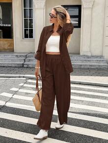 Serisse Women's Solid Color Rolled Sleeve Single-Breasted Shirt And Long Pants Casual 2 Pieces Set - Coffee Brown - View 8
