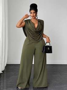 Maweii Plus Size Sexy Cowl Neck Sleeveless Top & High Waist Wide Leg Straight Green Pants 2 Pieces Set - Green - View 5