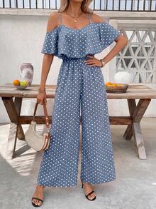 SHEIN Clasi 女款波點百褶休閒日常連身褲 - 霧霾藍 - 查看 5