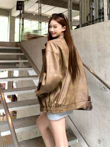 DAZY Women's Lapel Long Sleeve Autumn/Winter Versatile Korean Style Jacket - Coffee Brown - View 2
