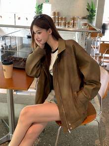 DAZY Women's Lapel Long Sleeve Autumn/Winter Versatile Korean Style Jacket - Coffee Brown - View 1
