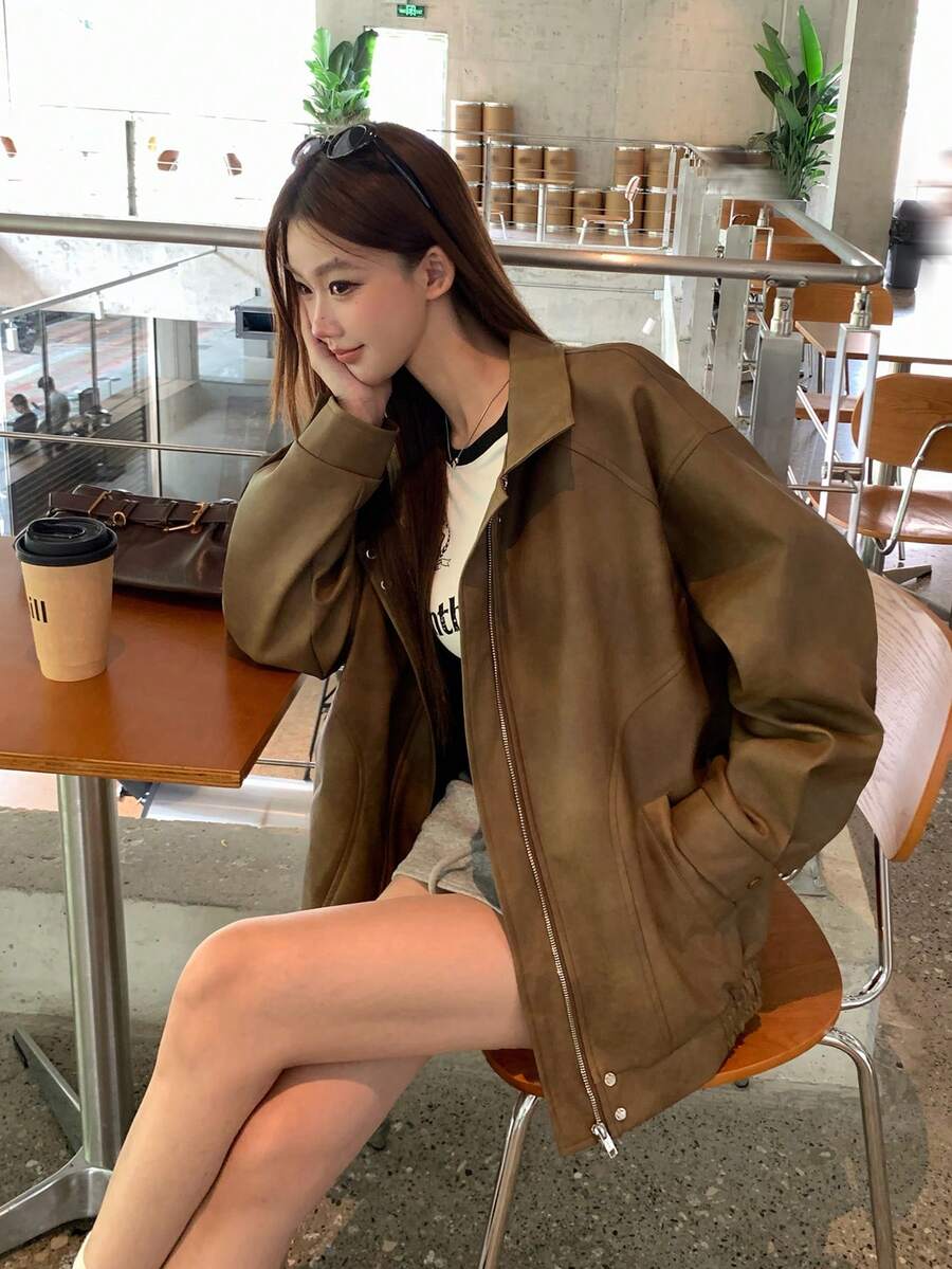 DAZY Women's Lapel Long Sleeve Autumn/Winter Versatile Korean Style Jacket - Coffee Brown - View 1