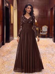 Aureia Elegant Luxurious Beaded Sequin Elastic Lace Patchwork Chiffon Ruched Sheer Long Sleeve Full Skirt Evening Dress For Wedding, Bachelor Party, Vacation, Holiday, Gathering, Music Festival, Graduation, Dinner Party (Free Floating Petals) - Coffee Brown - View 2
