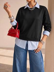 Structelle Women's Casual Long Sleeve 2 In 1 Shirt Collar Colorblock Sweatshirt - Black - View 3