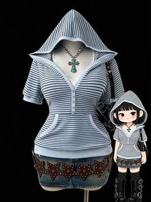 Sunspun Plus Size Women's Striped Short Sleeve Button Design Hooded Sweatshirt - Multicolor - View 1