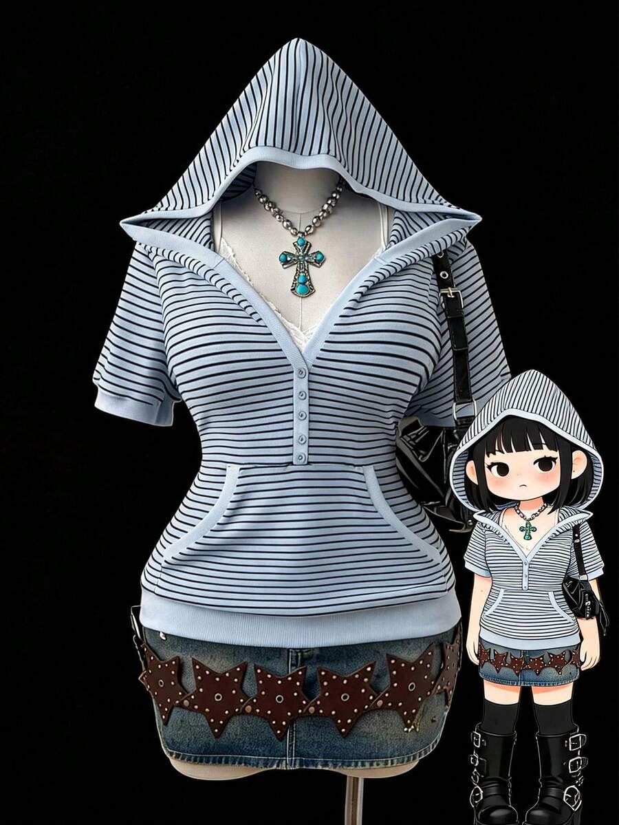 Sunspun Plus Size Women's Striped Short Sleeve Button Design Hooded Sweatshirt - Multicolor - View 1
