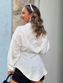 Jeta Ari Women's French Elegant Casual Cinched Waist Ruched Long Sleeve White Blouse, Suitable For Work And School - White - View 2