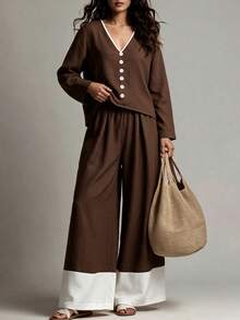 LUMIGAL Set Kemeja Wanita Bertekstur Bergaris dengan Blok Warna dan Celana Panjang Longgar dengan Kantong - Coklat - View 4